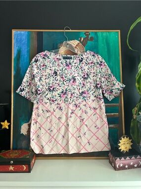 Karen Scott Pink Floral Plaid Short Sleeve Top Womens Petite Large PL
